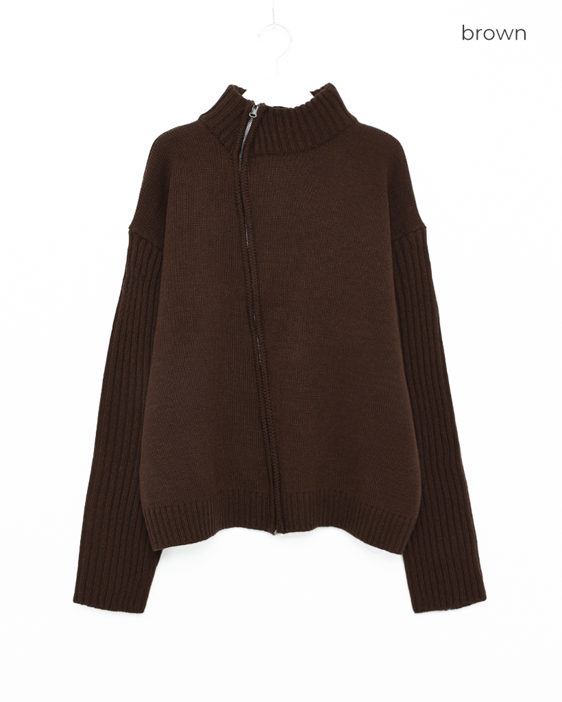 ユニセックス）斜めファスナーポイントニットカーディガン