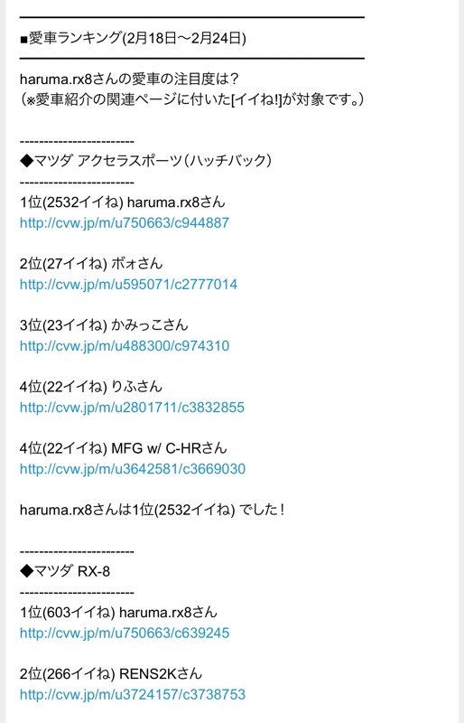 みんカラ定期便w🥇ありがとうございます｜haruma.rx8のブログ｜Haruma