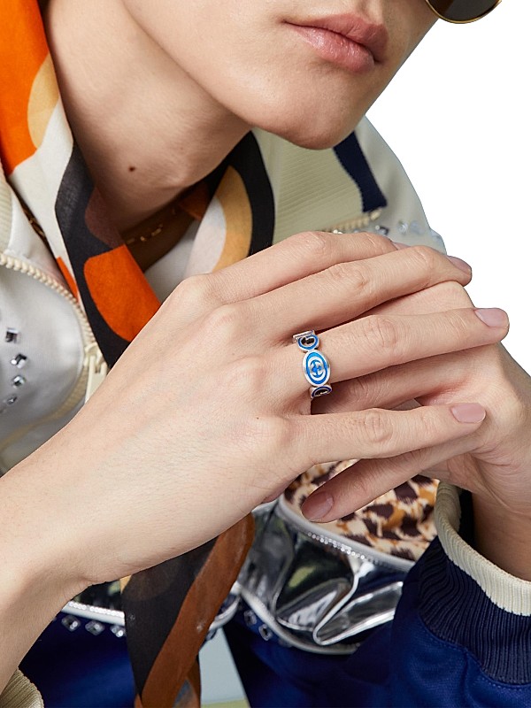Gucci Interlocking G Sterling Silver & Blue Enamel Cut-Out Ring