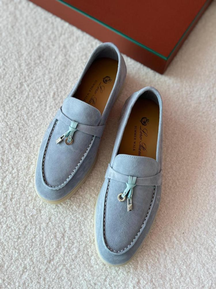 Loro Piana Women's Flat Soft Leather Light Blue Loafers - E-SEVEN