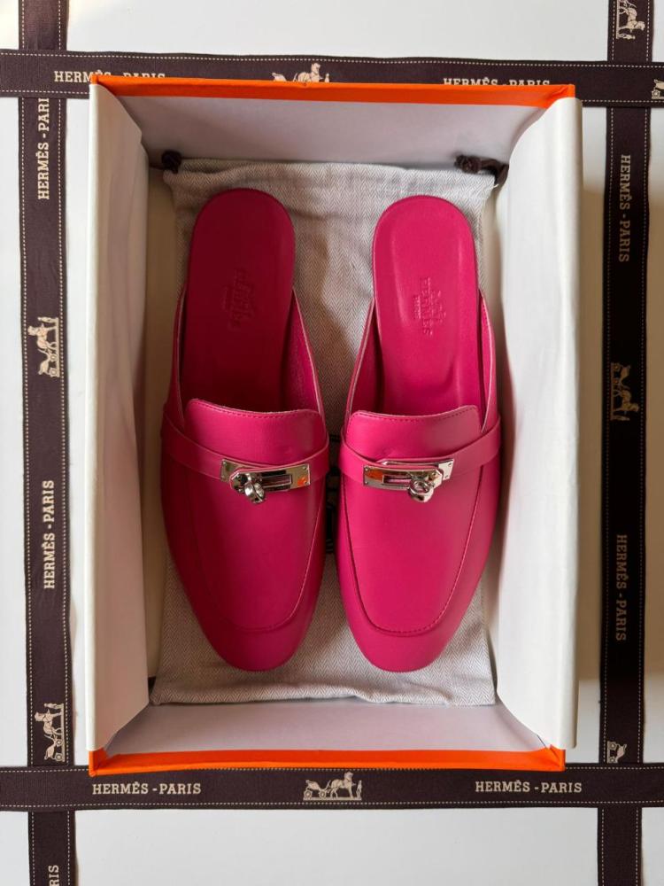 Hermes Kelly flat shoes for women, open back, fuchsia color - E