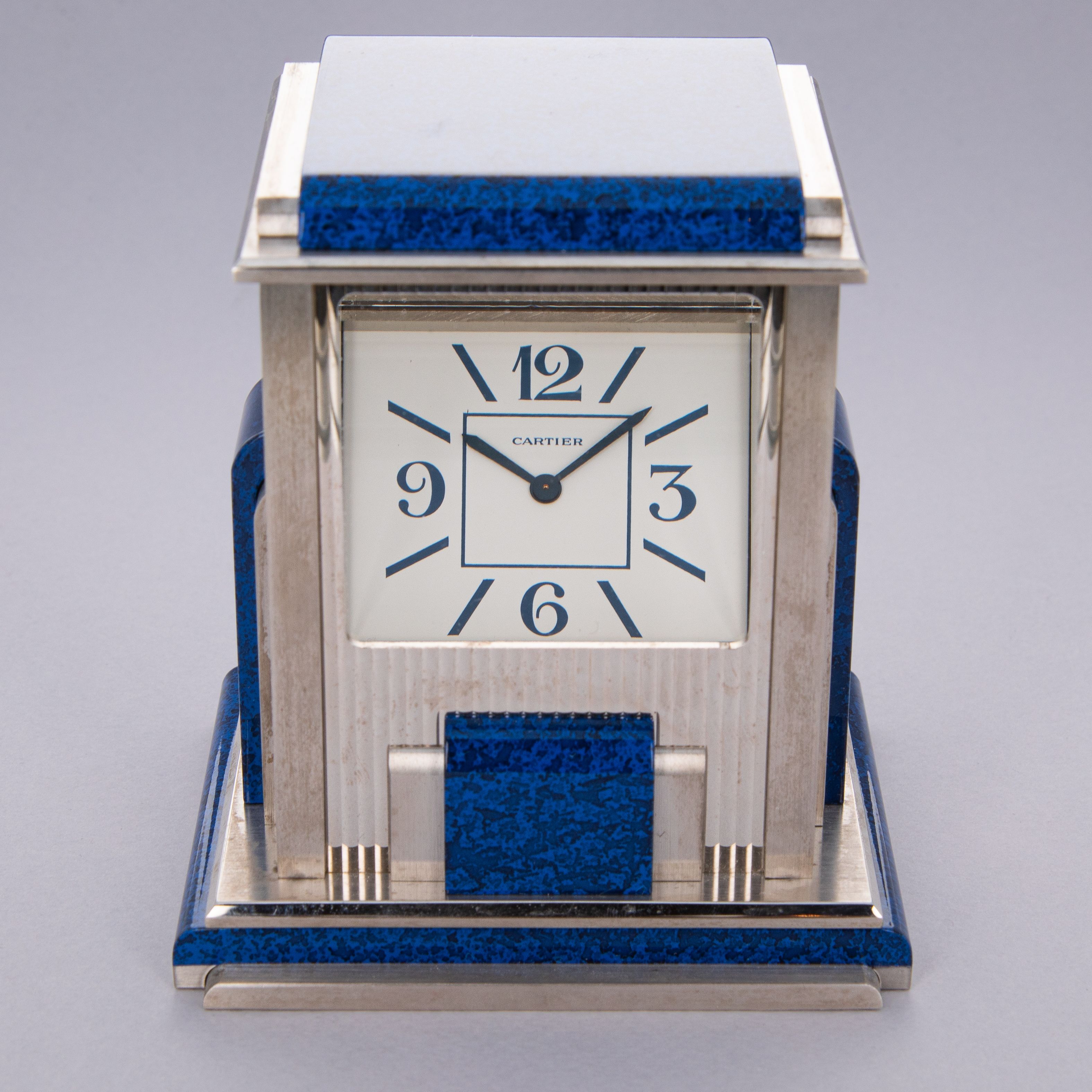 Cartier Prism Clock Silver Plate Simulated Lapis Lazuli Quartz