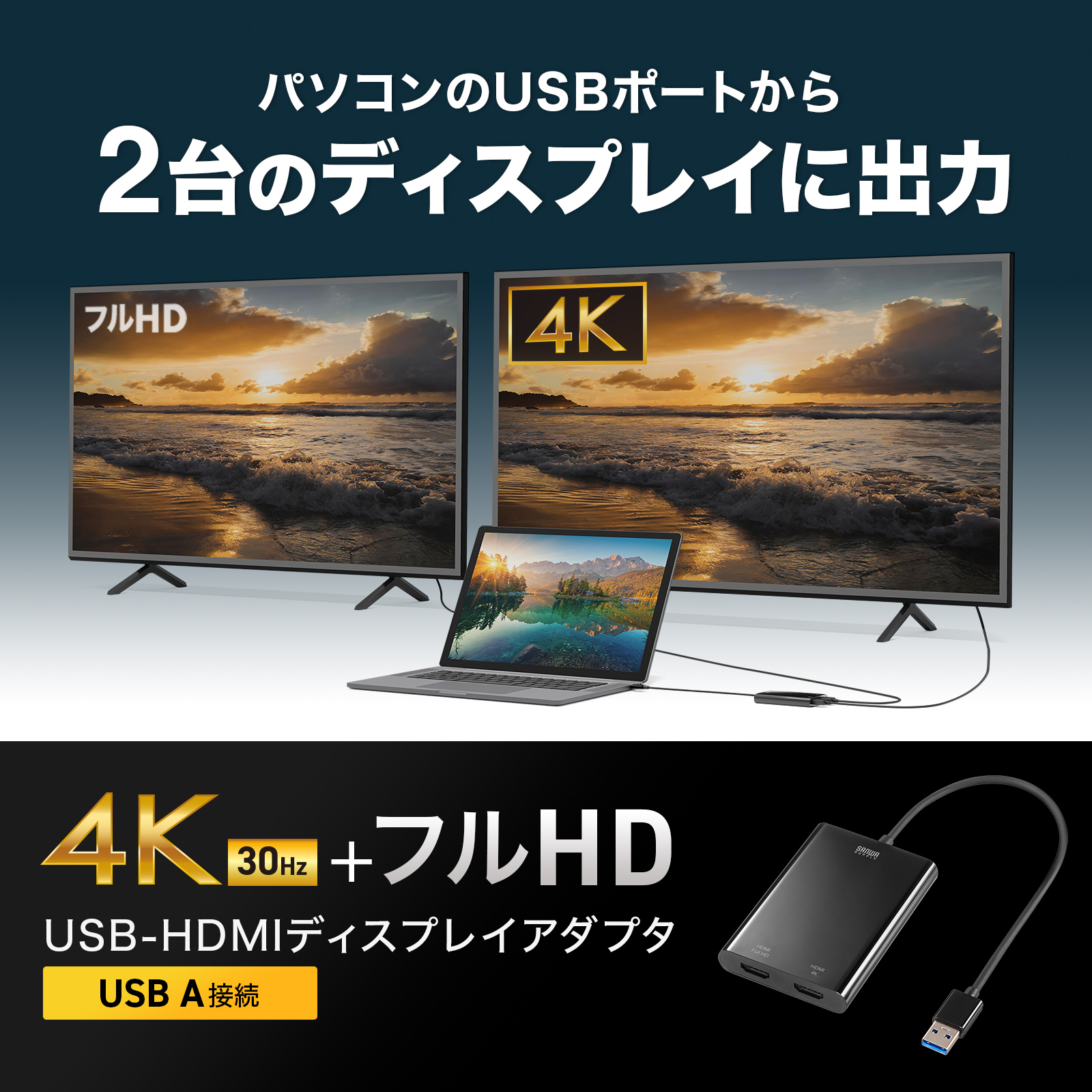 USB-CVU3HD5【USB-HDMIディスプレイアダプタ(4K対応・2画面出力)】USB