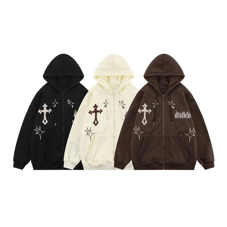 HOOK】クロスと炎刺繍ジップパーカー ストリート系 ロンT[品番