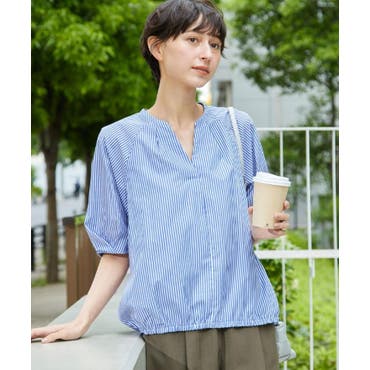 ノーカラーストライプオーバーブラウス シャツ ブラウス Vネック