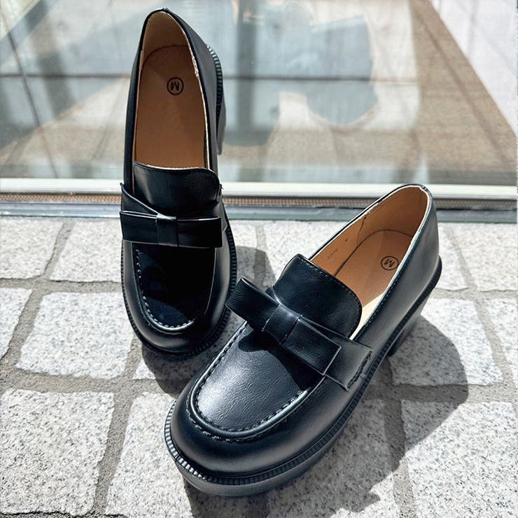 軽量厚底 ヒールアップ やわらか リボンローファー 6816[品番