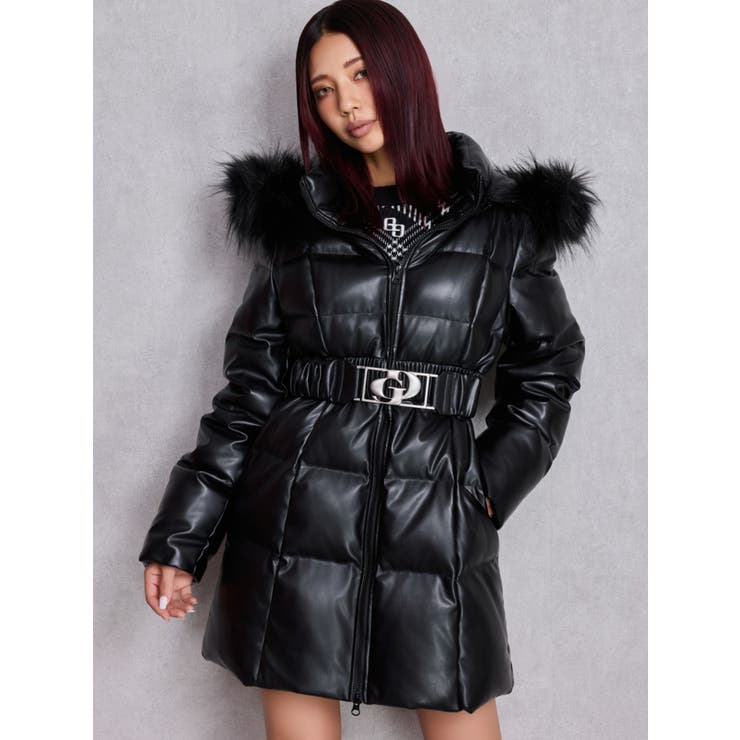 GDベルト付きフェイクレザーロングダウンコート[品番：MKSW0066479