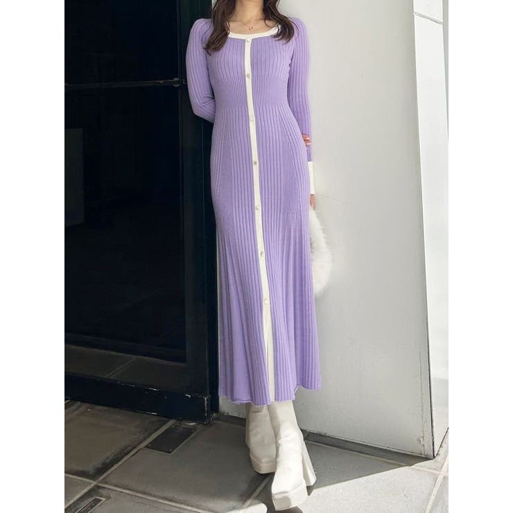 バイカラーフレアスリーブニットワンピース[品番：MKSW0060965