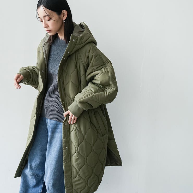 中綿キルトフード付きコート ビッグシルエット 微撥水[品番