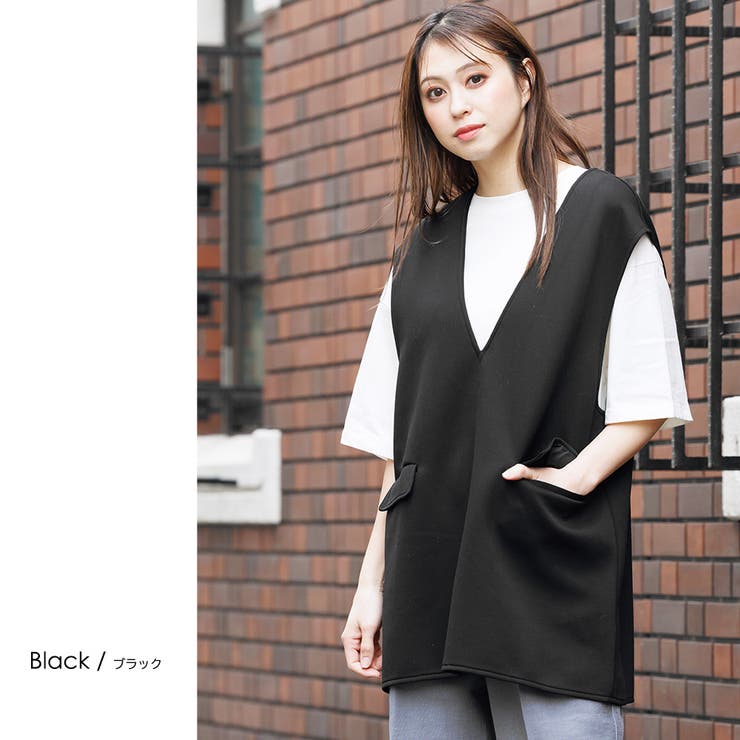 エステルポンチVネックオーバーベスト ノースリーブ 黒[品番