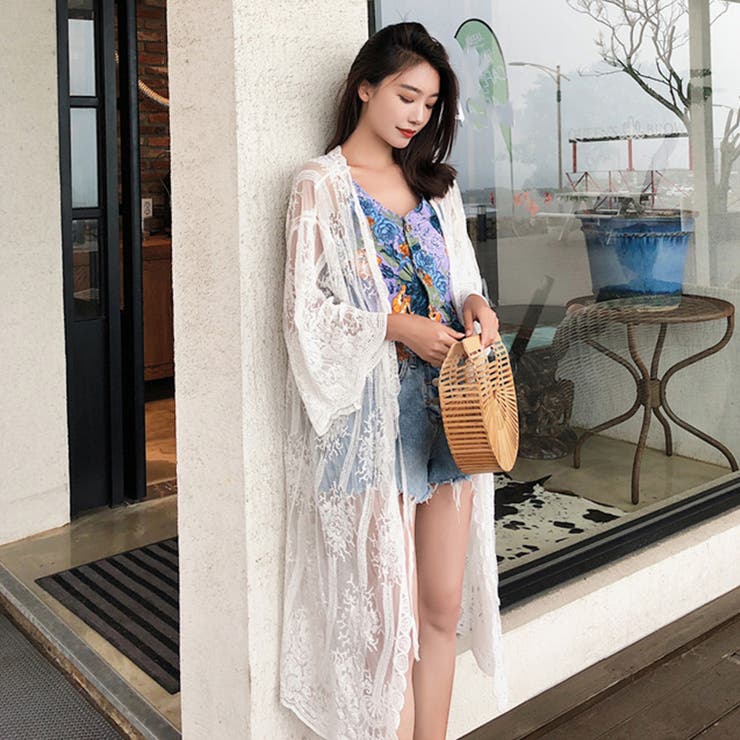 ロングカーディガン 白 レディース 7分袖[品番：II000006917