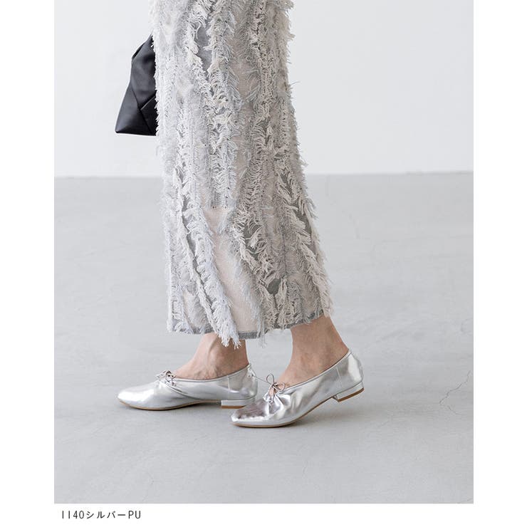 リボンギャザーフラットシューズ バレエシューズ レディース[品番