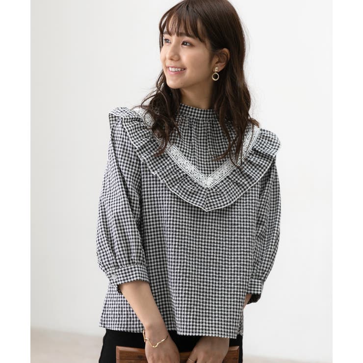 フリル使いブラウス5分袖 パフスリーブ 袖コンシャス レース ギンガム