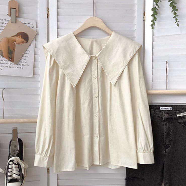 ビッグカラーブラウス セーラーカラー ギャザー ボタン[品番