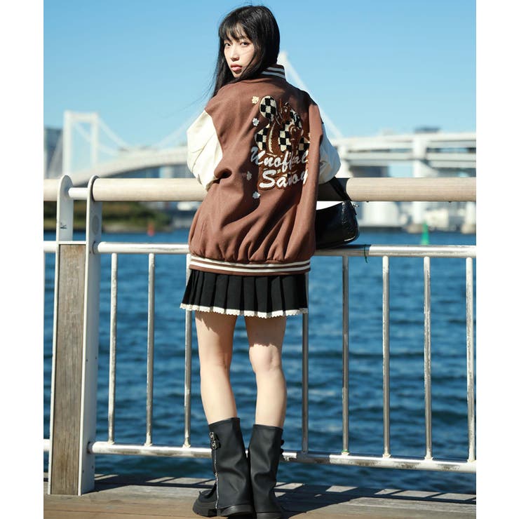 ブルゾン A柄 ユニセックスアメカジワッペン刺繍スタジャンジャケット