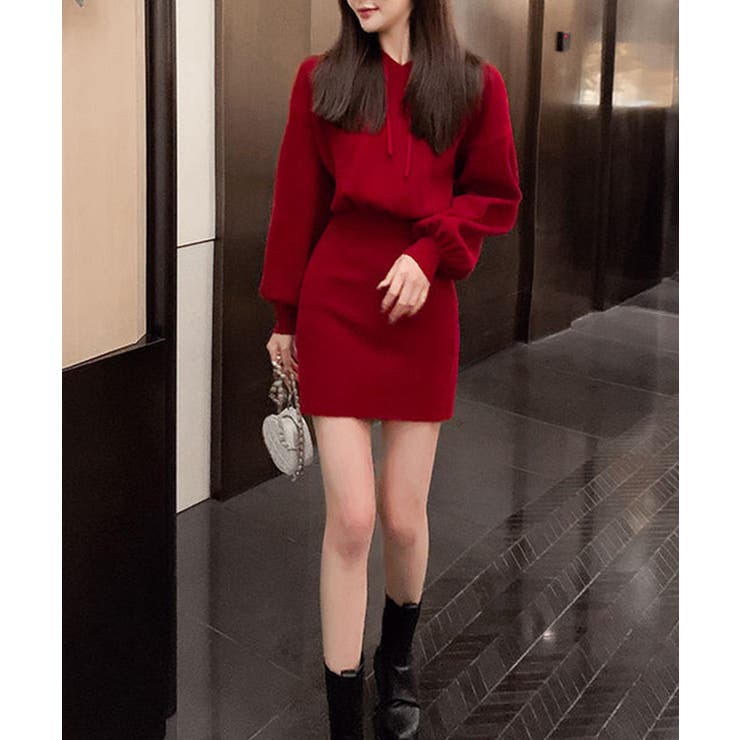 フード付きニットワンピース ミニワンピース 韓国ファッション[品番