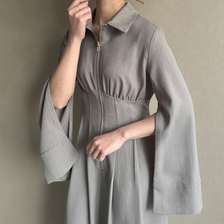 2wayスリーブフロントジップウエストタックワンピース【ペチスカート