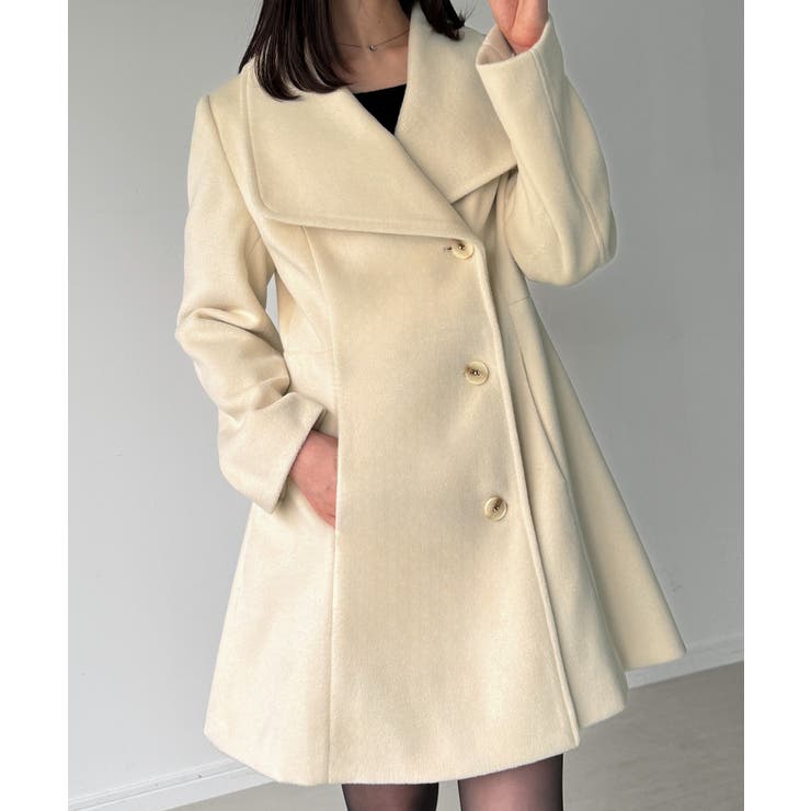 ショールカラーミドル丈ウエストシェイプフレアコート[品番