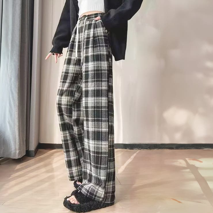 チェック柄ワイドパンツ 10代 20代[品番：AMSW1778062]｜Amulet