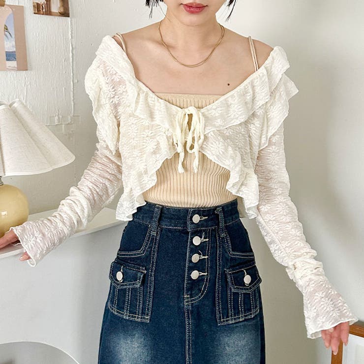 ラッフルフリルクロップド丈レースボレロ[品番：OUTW0000030