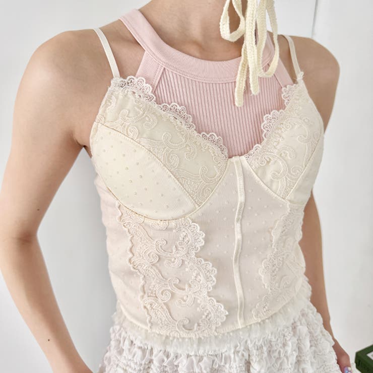 ドットチュールレースランジェリー風キャミソール[品番：OUTW0000493