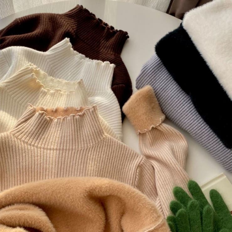 裏起毛ニット ハイネックニット メロウフリルハイネックニット[品番