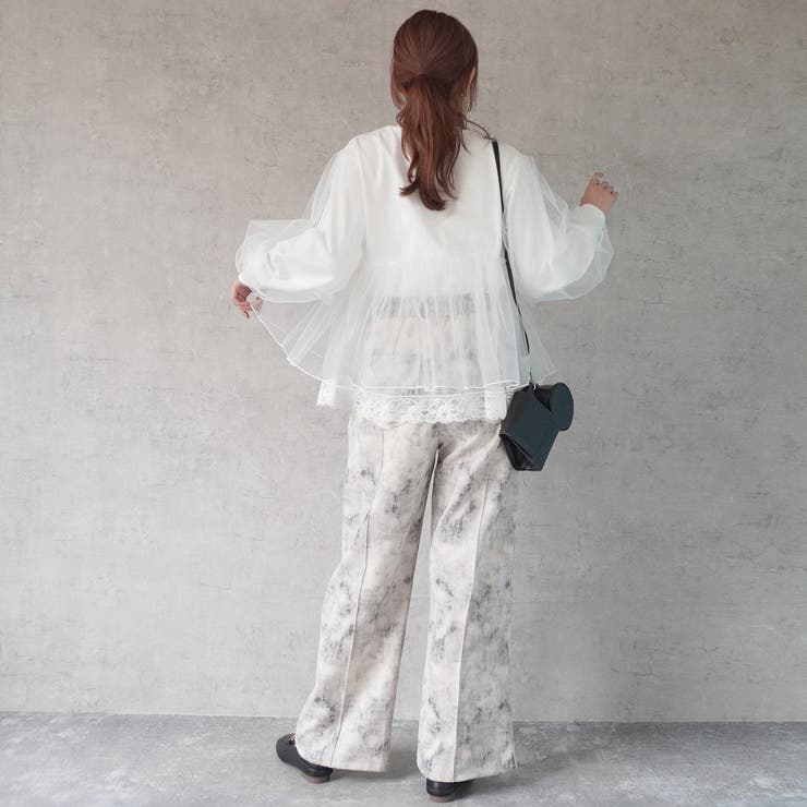 ウエストギャザーゴム内側紐サイズ調整あり マーブル調ワイドパンツ