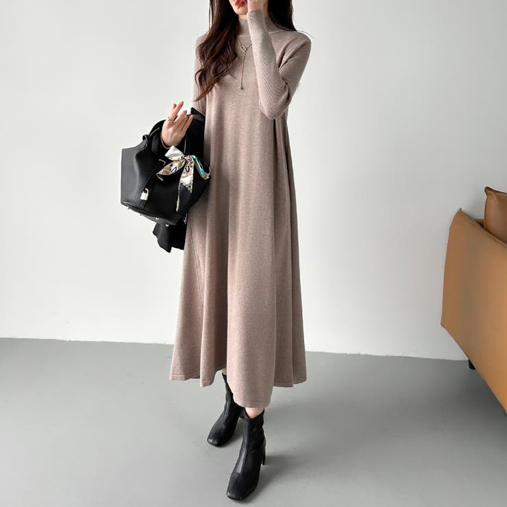ヤク風ニットワンピース フレアニットワンピース ロングワンピース