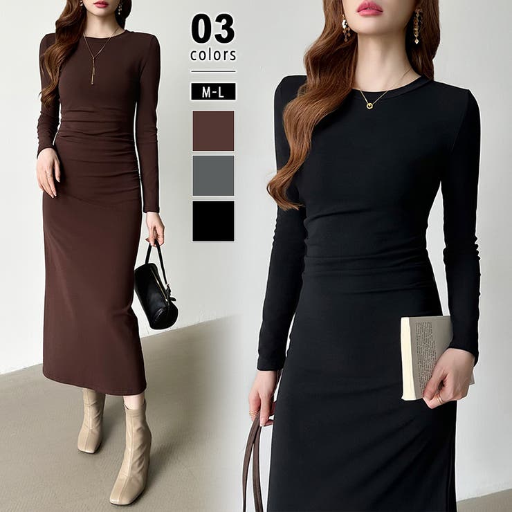 美シルエットウエストギャザーワンピース タイトワンピース 長袖