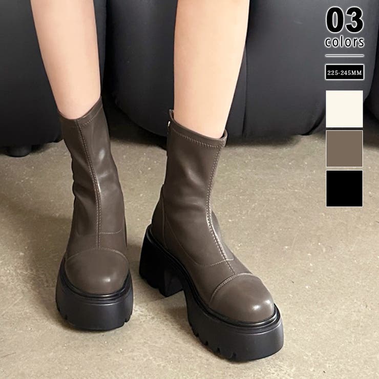 厚底ショートブーツ トラックソール バックジップ[品番：COCW0006100