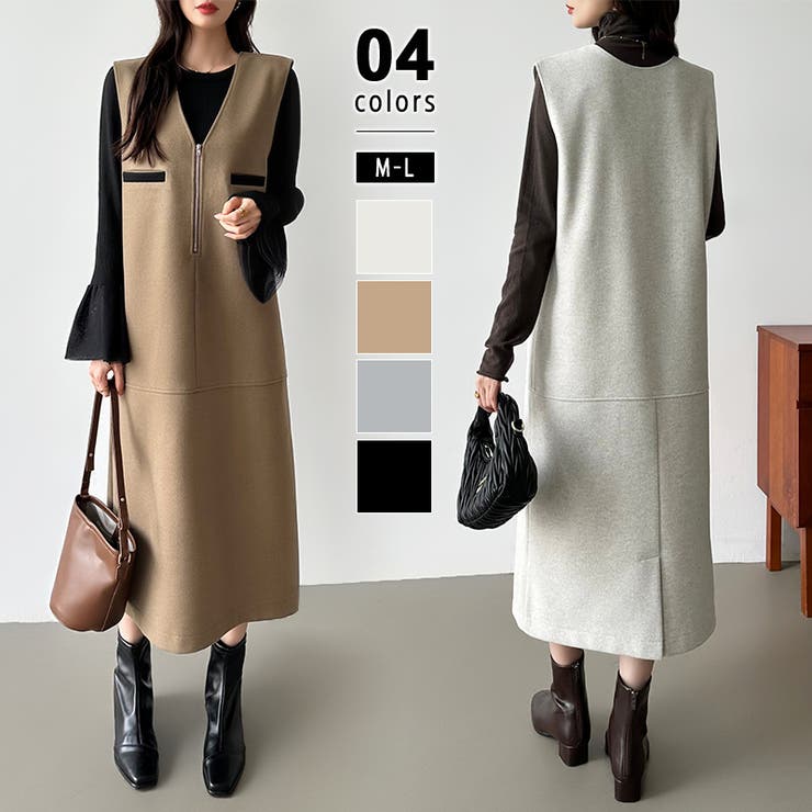 ジャンパースカート ハーフジップワンピース vネック[品番