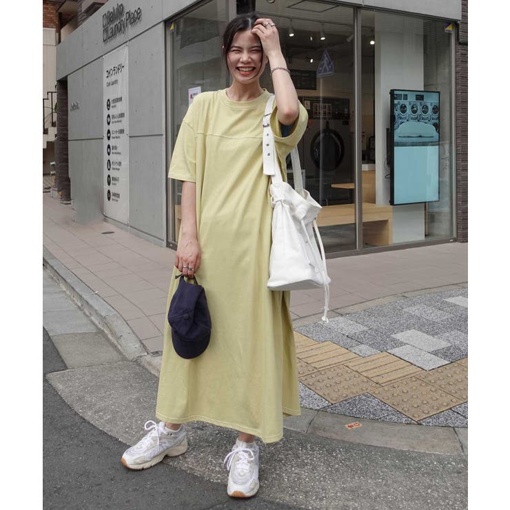 配色ステッチオーバーサイズ半袖Tシャツワンピース[品番：TRIW0003803