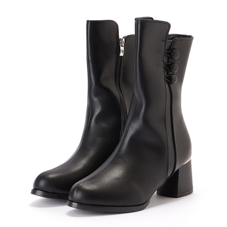サイドジップボタン付レザーミドルブーツ 女性 レディース[品番