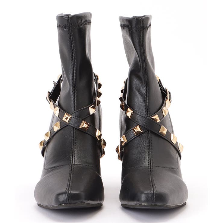 スタッズクロスベルトチャンキーショートブーツ[品番：LCLW0004886