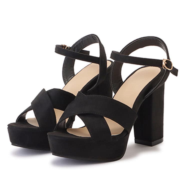 クロススエードチャンキーハイヒールサンダル チャンキーヒール