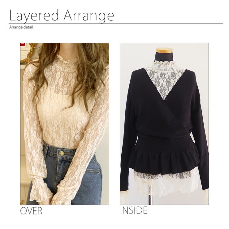 長袖レースブラウス トップス シースルー[品番：DMHU0003017