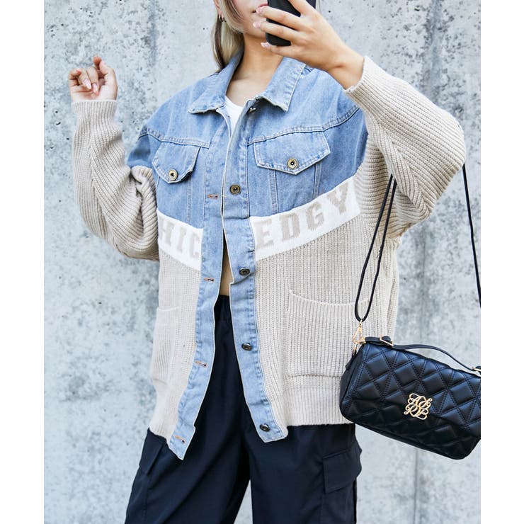 デニム×ニット切替》レディース Gジャン 配色ロゴ入り 異素材MIX