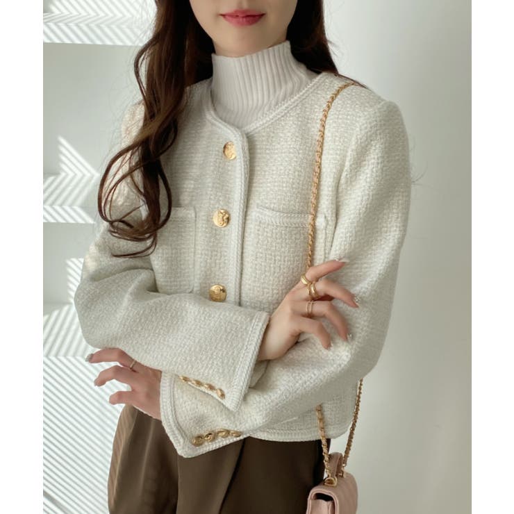 パイピング ツイードライク 金ボタン ジャケット[品番：ORGW0008568