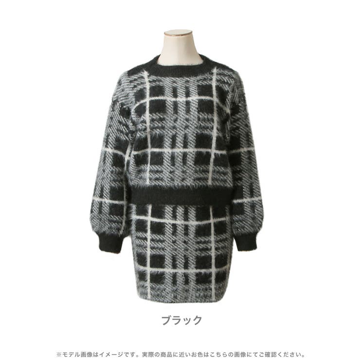 チェック柄シャギータッチニットトップス+ミニスカートセットアップ