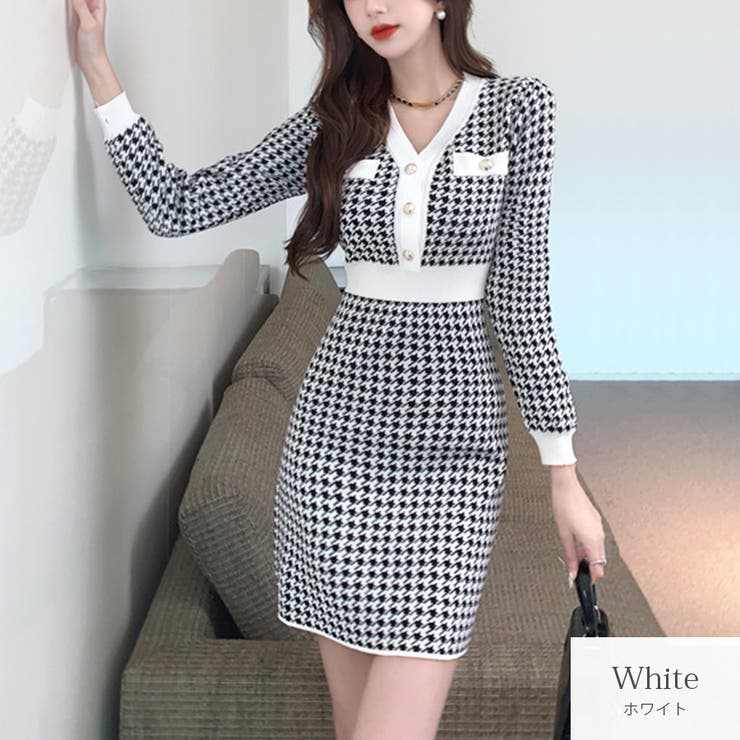 ニットワンピース 千鳥格子柄 長袖[品番：JCSW0001818]｜JOCOSA