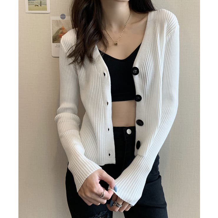 リブニットカーディガン トップス ニットカーディガン[品番