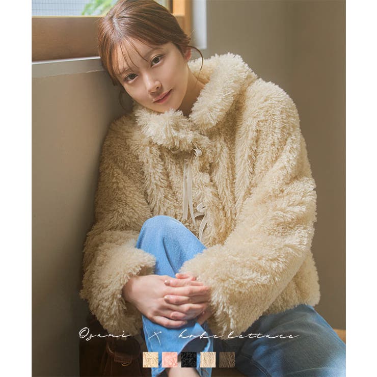 小澤美里さんコラボ ]リボンブローチつきエコファーショートコート