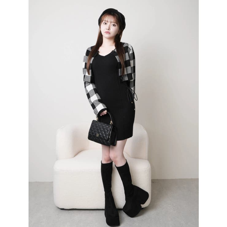 レトロチェックアンサンブルニットワンピース[品番：LINW0002661