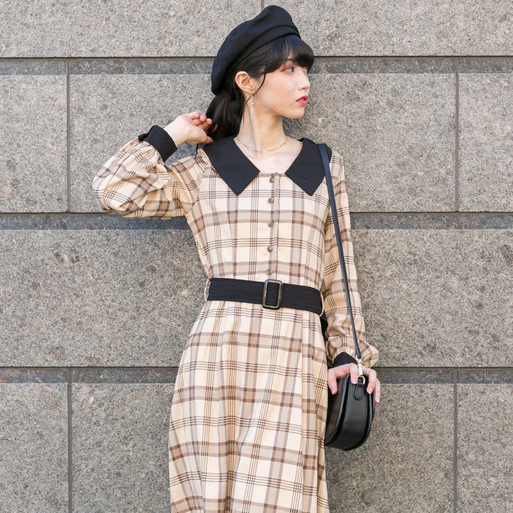 チェック ベルト付きバイカラー レトロロングワンピース[品番
