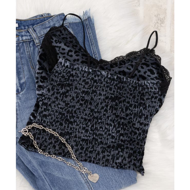 ヒョウ柄ベロアリボン付きカップ付キャミソール[品番：PPNW0004493