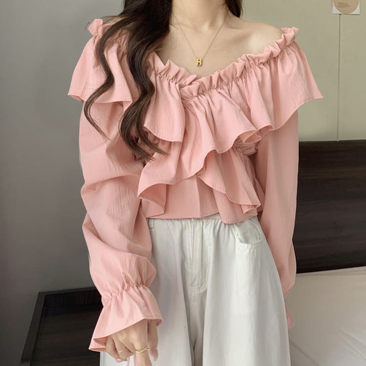 フリルクロップド丈ブラウス[品番：PVBW0008964]｜privatebeach