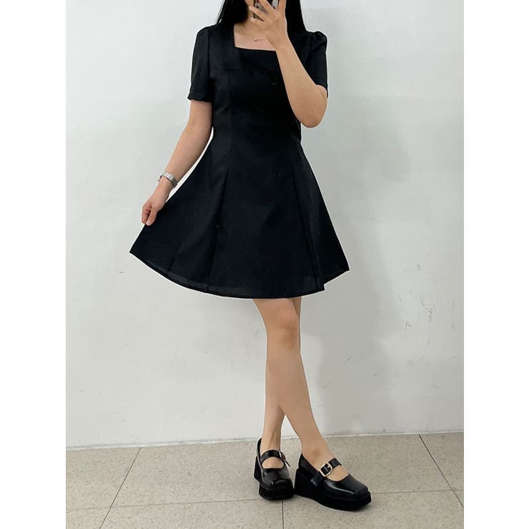 スクエアネック半袖ミニワンピース 全3色 Y2K[品番：KH000013890