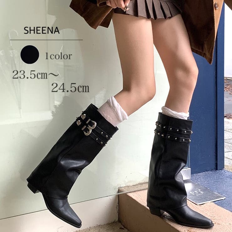 スタッズ付きダブルベルトカバーロングブーツ 秋 冬[品番：SHNW0011808