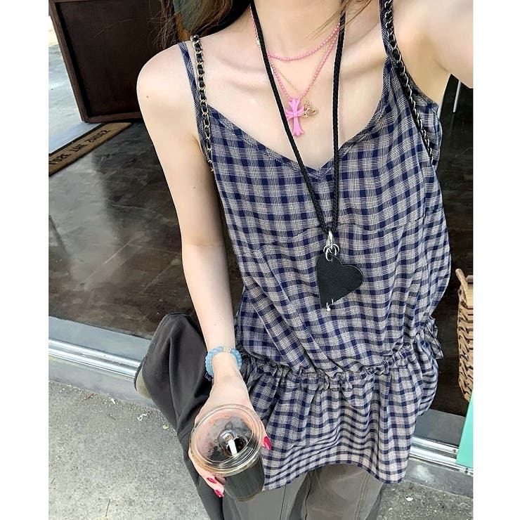 チェック柄サイドドロストリボンキャミチュニック[品番：SHNW0012524