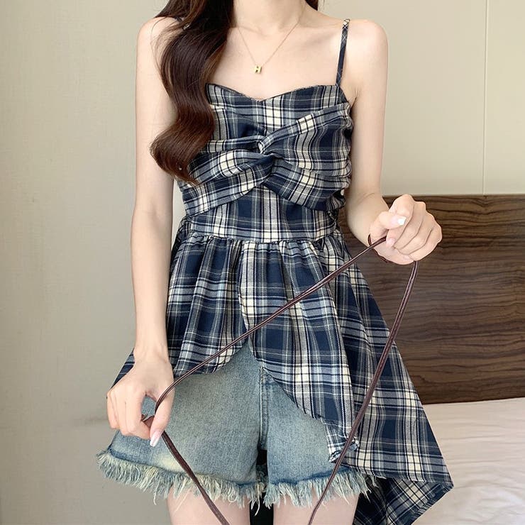 チェック柄アシメフリルキャミソール[品番：SHNW0012297]｜SHEENA
